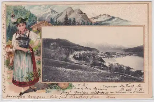 94901 Cadre de la marque Ak Tegernsee Vue totale, femme dans le costume, montagnes 1902