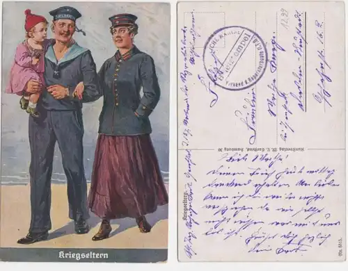 95272 Künstler AK Kriegseltern, Familie mit Kind, Matrose, Marine S.M.S Bayern