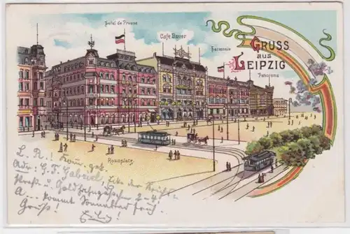 95397 Ak Lithographie Gruss von Leipzig Rossplatz Hotel de Prusse Harmonie 1901