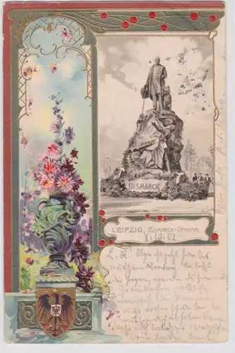 95402 Präge Rahmen Ak Wappen, Blumen und Leipzig Bismarck-Denkmal 1902