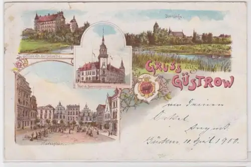 95653 Ak Lithographie Salutation de Güstrow Marché, poste, château, etc. 1900
