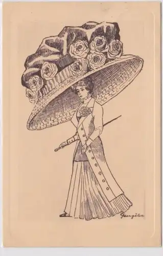 95764 Künstler Ak Jugendstil Frau mit großem Hut 1910
