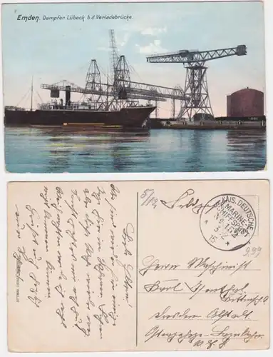 95790 AK Emden - Dampfer Lübeck bei der Verladebrücke, Ems, Hafen 1915