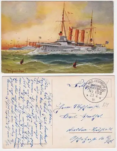 95801 Künstler AK kleiner geschützter Kreuzer S.M.S. Berlin, Kriegsschiff 1916