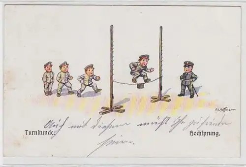 39319 militaire Humour Ak Course de gymnastique: saut en hauteur vers 1915
