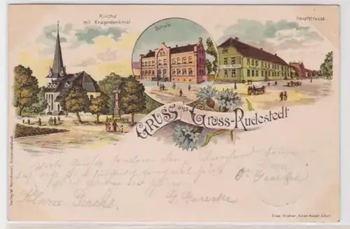 93723 Ak Lithographie Gruß aus Gross-Rudestedt Schule, Hauptstraße usw. 1899