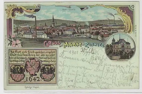 69703 Ak Lithographie Salutation du marché Redwitz Total Vue, Villa Becker 1901