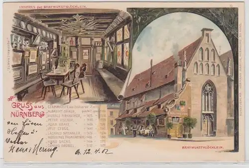 70209 Ak Lithographie Salutation de Nuremberg Bratwurstglöcklein 1902