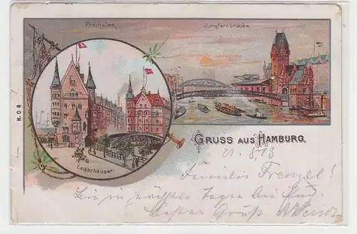 61729 Ak Lithographie Salutation de Hambourg, port franc, entrepôts 1903