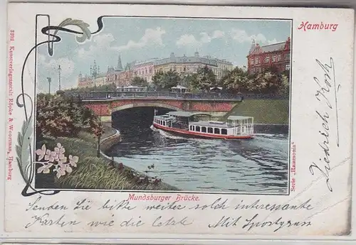 68757 Ak Hamburg Mundsburger Brücke mit Dampfer 1903