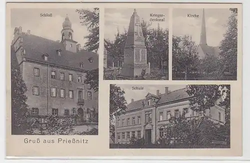 68417 Mehrbild Ak Gruß aus Prießnitz Schloß, Kirche, Schule, Kriegerdenkmal