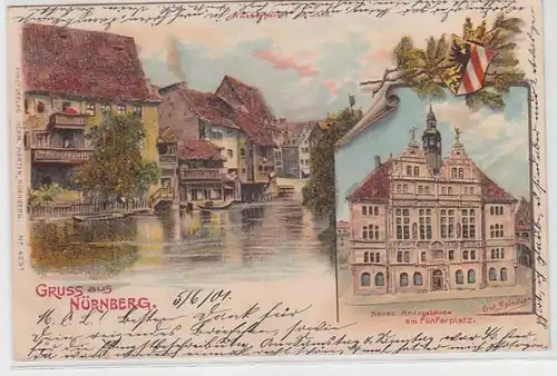 69959 Ak Lithographie Salutation de Nuremberg Amtsbüro am Cinqerplatz 1901