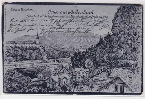 40371 Ak Gruß aus Bodenbach Schäferwand mit Menschenkopf im Profil zeigend 1902