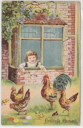 35504 Föhliche Ostern Präge Ak Kind füttert Hühner 1910