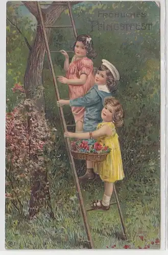 11463 Fröhliches Pfingstfest Ak 3 Kinder stehen auf Leiter 1908