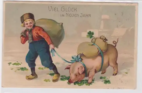 95834 geprägte Ak Viel Glück im neuen Jahr Junge mit Schwein und Geldsack 1912