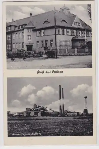 95472 Ak Gruss aus Deutzen Schule und Briketfabrik Kraft II um 1940