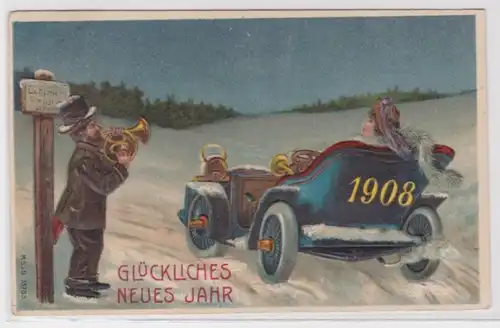 95446 Ak marqué Nouvelle année heureuse 1908 - homme avec corne et femme dans la voiture