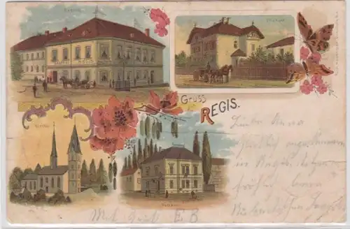 95246 Ak Gruss aus Regis Gasthof, Villa hake, Kirche, Postamt 1901