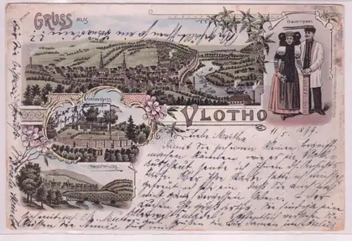 92666 Ak Lithographie Gruss aus Vlotho Amthausberg, Weserbrücke, Bauernpaar 1899