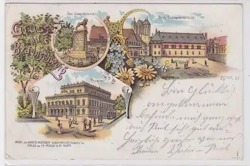 85195 Ak Lithographie Gruß aus Braunschweig Löwendenkmal usw. 1898