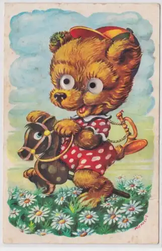 79390 mechanische Ak Teddybär reitet auf Holzpferd um 1950