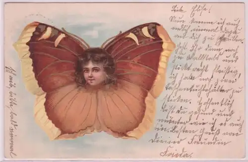 76489 Ak Lithographie vermenschlichter Schmetterling mit Mädchenkopf 1905