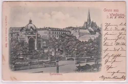 76488 Präge Ak Gruss aus Wiesbaden Kochbrunnen 1899
