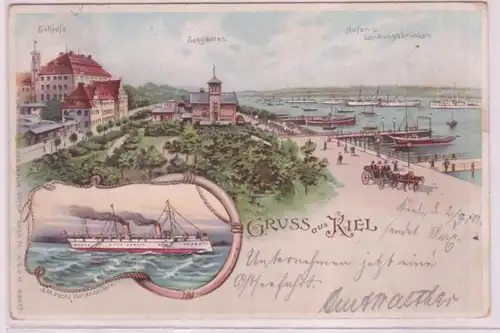 75231 Ak Lithographie Gruß aus Kiel Schloss, Hafen und Landungsbrücke usw. 1901