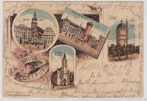 61968 Ak Lithographie Gruss de Cottbus Marché Tour d'eau Château 1901