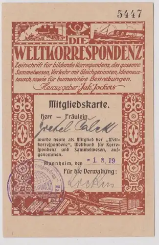 60345 Mitgliedskarte Weltkorrespondenz und Sammelwesen Mannheim 1919