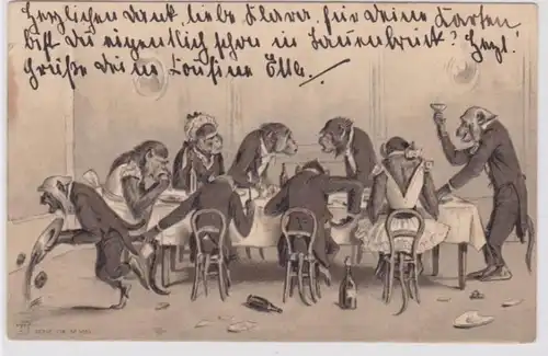 21921 artistes personnifiés Ak singes à la grande table de repas 1905