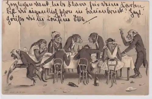 21921 geprägte Künstler Ak Affen an großer Tafel beim Essen 1905