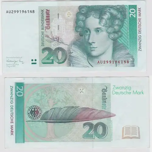 T146503 Banknote 20 DM Deutsche Mark Ro. 298a Schein 1.Aug. 1991 KN AU 2991961N8