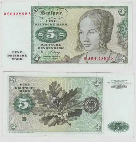 T146431 Banknote 5 DM Deutsche Mark Ro. 285a Schein 2.Jan. 1980 KN B 9643282 S