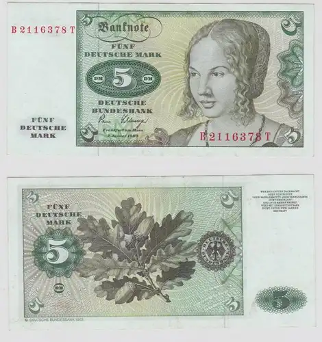 T146225 Banknote 5 DM Deutsche Mark Ro. 285a Schein 2.Jan. 1980 KN B 2116378 T