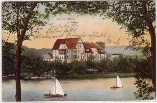 67119 Ak Gremsmühlen Parkhotel mit Segelbooten davor 1907