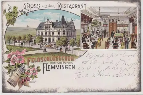 66810 Ak Lithographie Salutation du restaurant Feldschlosschen Flemmingen 1910