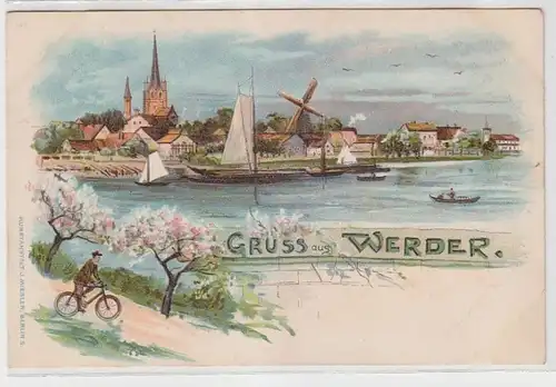 66641 Ak Lithographie Gruss aus Werder Totalansicht mit Windmühle um 1900