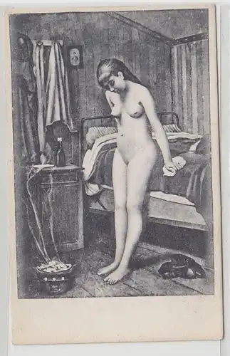 66625 Erotik Ak Nackte Frau vorm Bett, Frauenakt um 1910