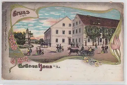 66365 Ak Lithographie Gruß von Grünes Haus in Sachsen und Kriegerdenkmal