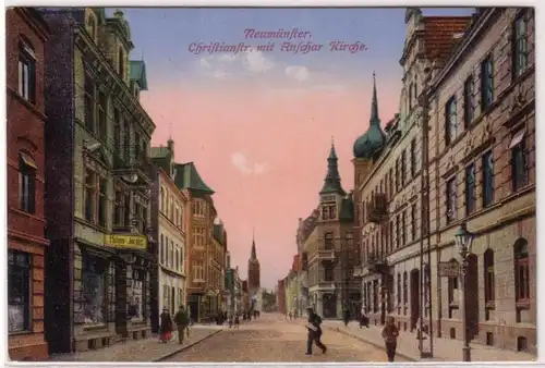 65815 Feldpost Ak Neumünster Christianstraße avec Anschar Eglise 1916