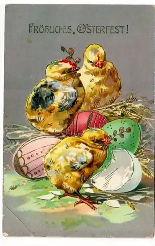 65721 Joyeux poussin de Pâques Ak avec oeufs de pâque vers 1900