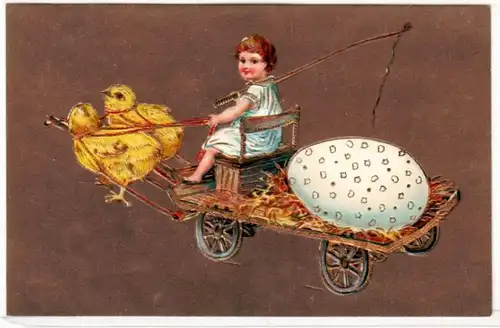 65686 Joyeux Pâques Prêle Ak enfant conduit la diligence avec poussin 1900