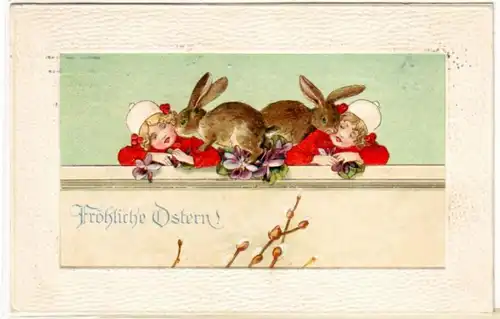 65682 Joyeux Pâques Près Ak 2 lapins et 2 enfants se marient 1915