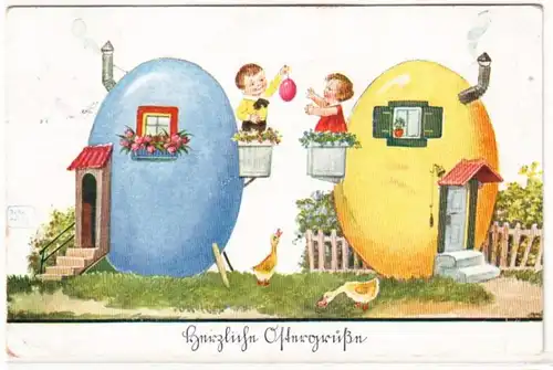 65680 Joyeux enfants de Pâques Ak habitent dans les maisons d'œufs de pâque 1941