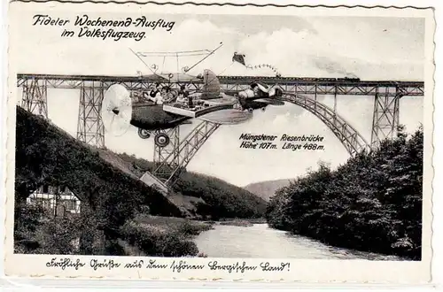 65566 Humor Ak Müngstener Brücke Wochenend Ausflug mit Volksflugzeug um 1930