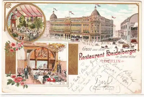 65450 Ak Berlin Gruss aus dem Restaurant Heidelberger im Central-Hotel 1899