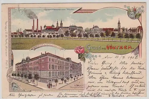 65428 Ak Lithografie Gruss aus Wurzen Knaben-Bürgerschule und Totalansicht 1902