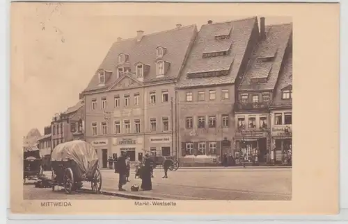 65292 Ak Mittweida Markt Westseite mit Apotheke, Mineralwasser-Fabrik u.a. 1916
